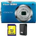 Nikon Coolpix S3000 Blue Digital Camera plus Free Leather Case and 2GB Card
