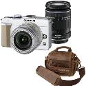 Olympus E-PL1 White Digital Camera with 14-42mm Silver and 40-150mm Black Lenses plus Free Retro Bag