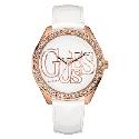 Guess Ladies Stone Set White Leather Strap Watch